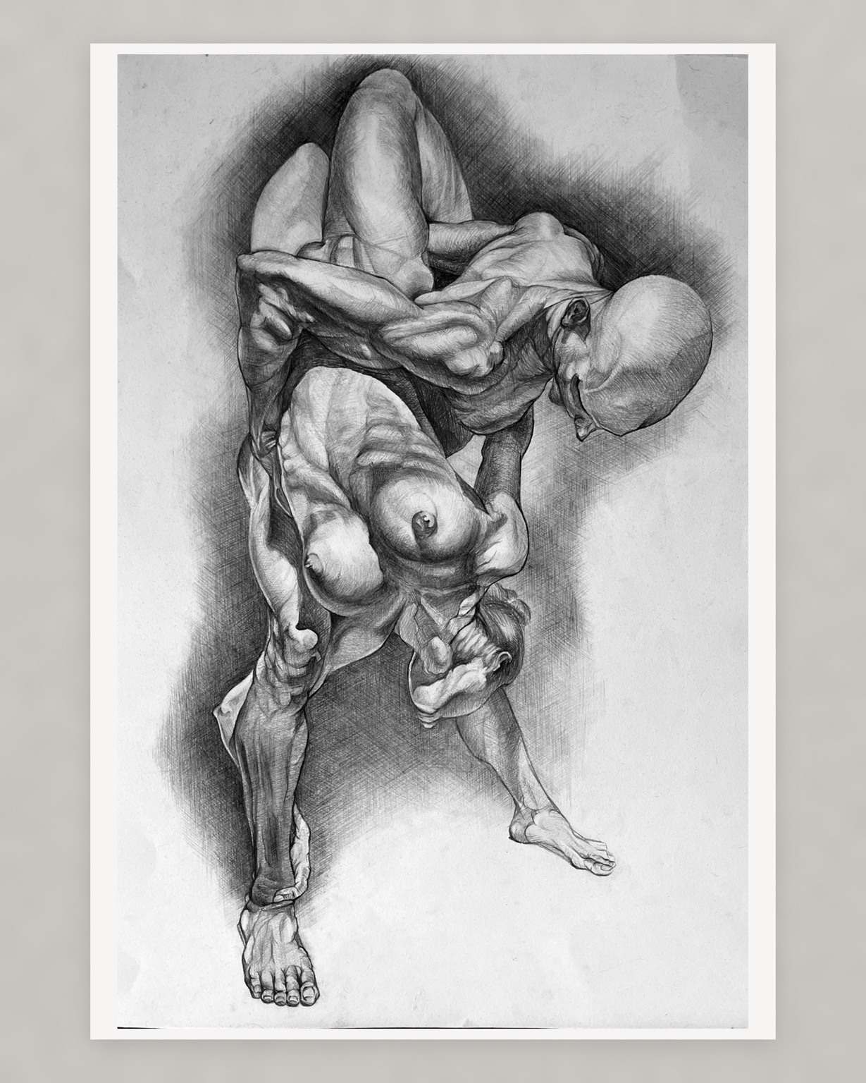 Graphite composition of intertwined anatomical figures