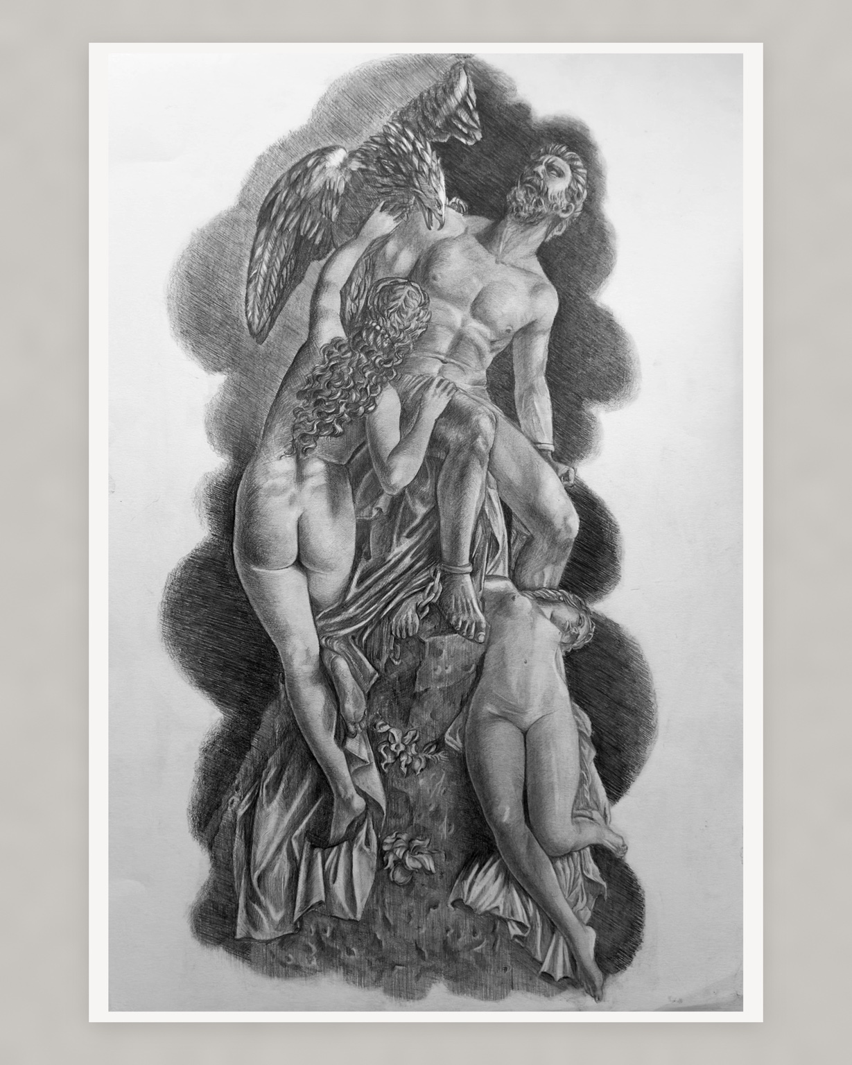 Graphite mythological composition with figures and a bird