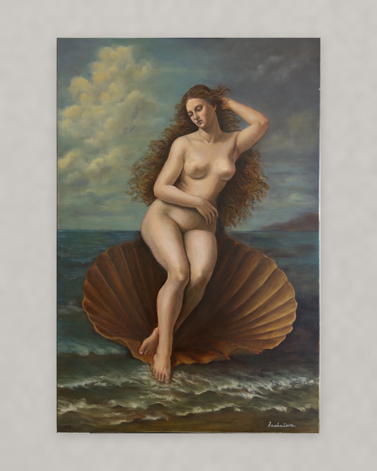 Figurative painting of Venus seated on a shell above the sea