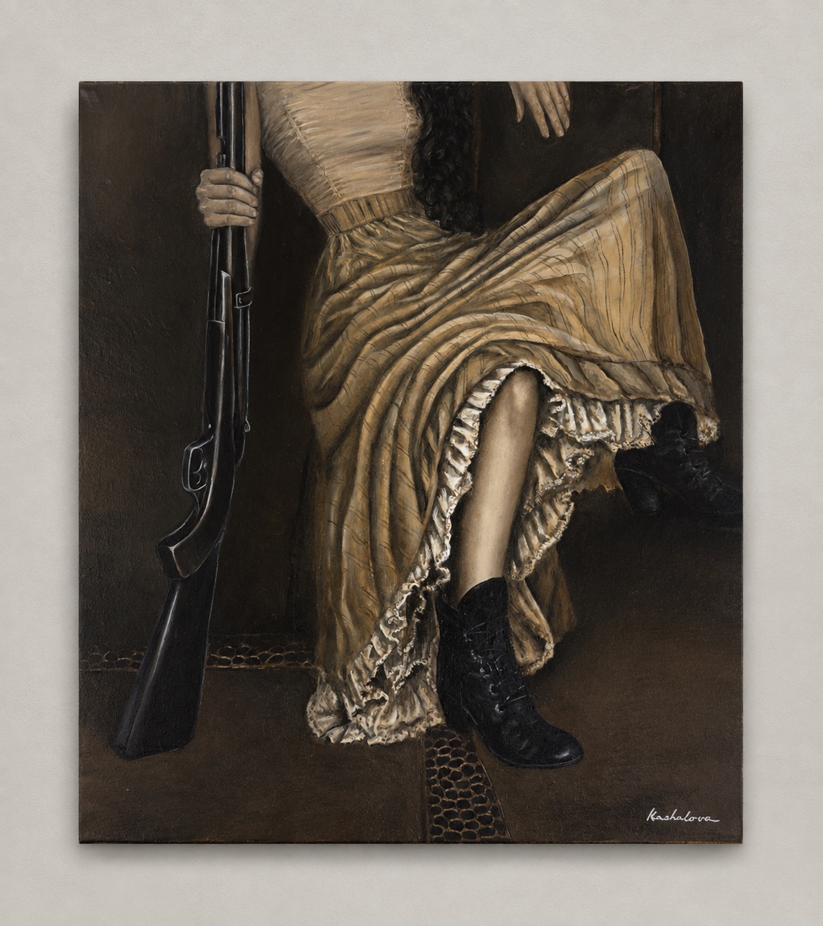 Painting of a seated western figure holding a rifle