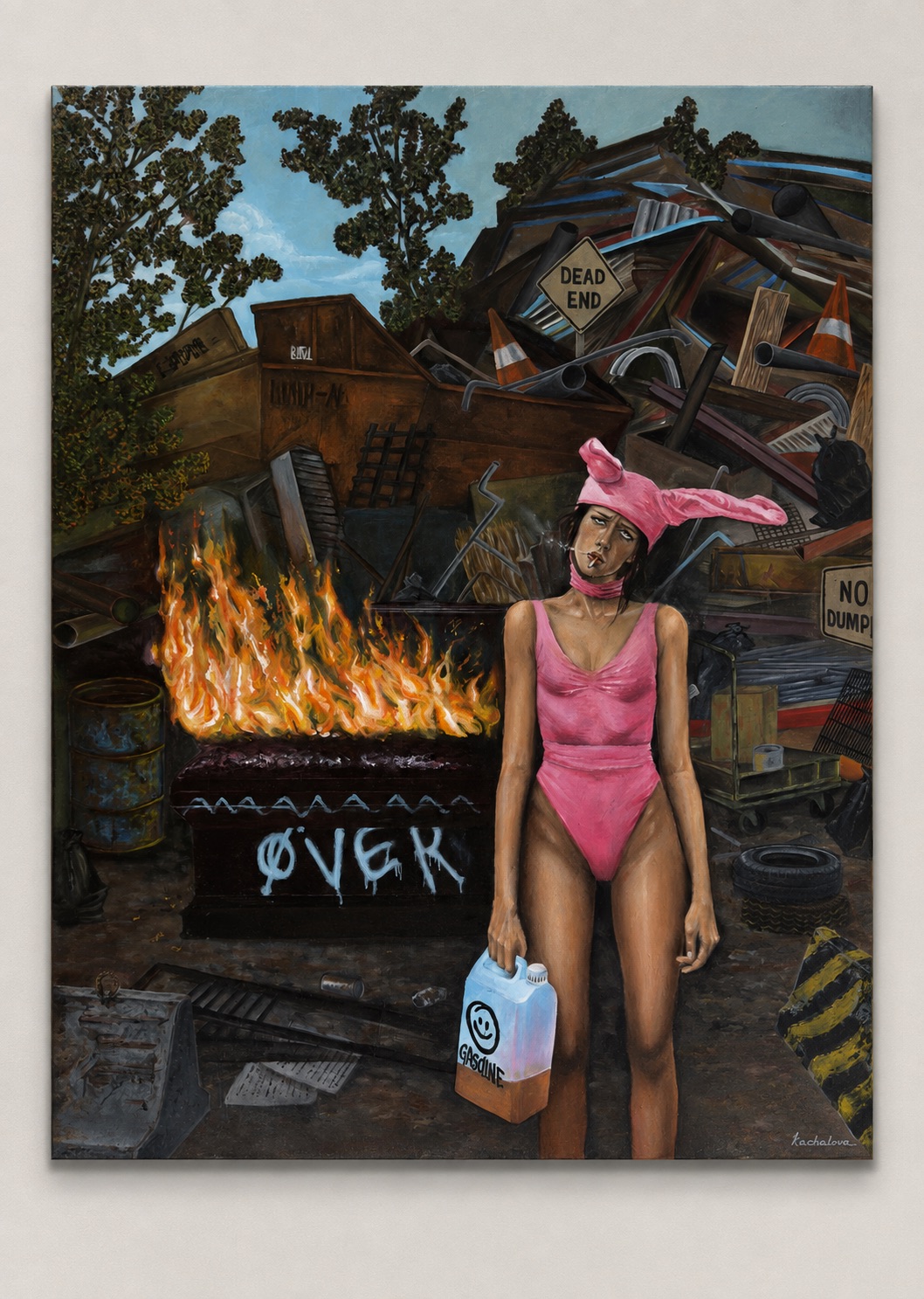 Painting of a woman in pink standing in an industrial landscape