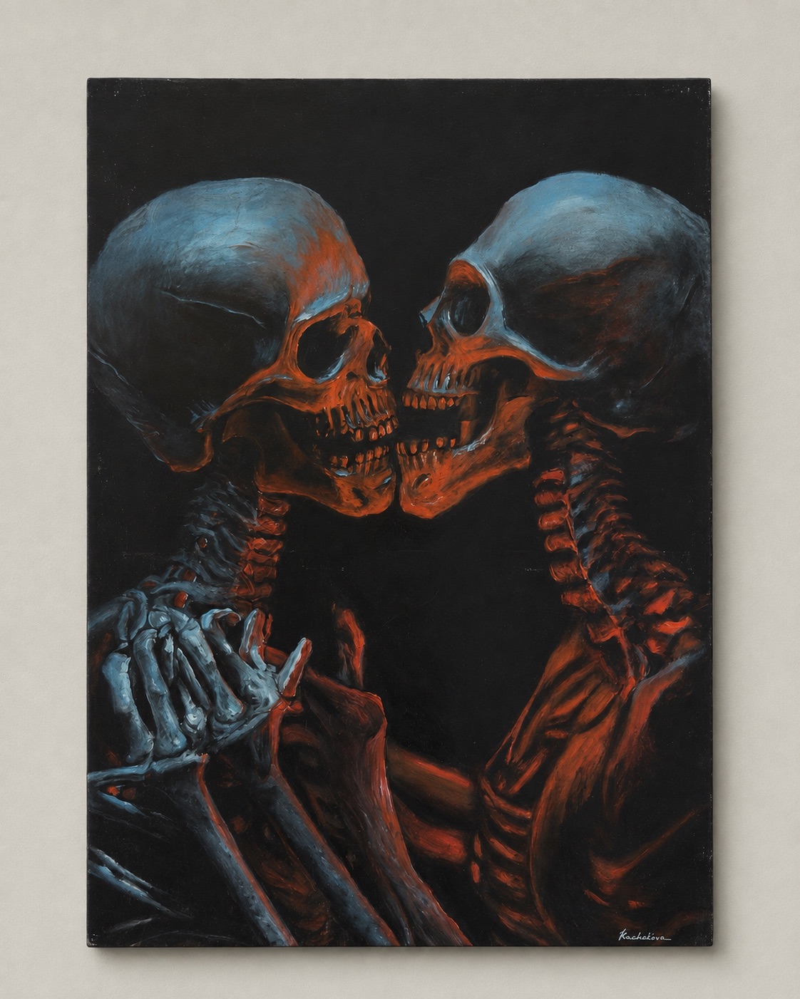 Painting of two skeletons illuminated in blue and red