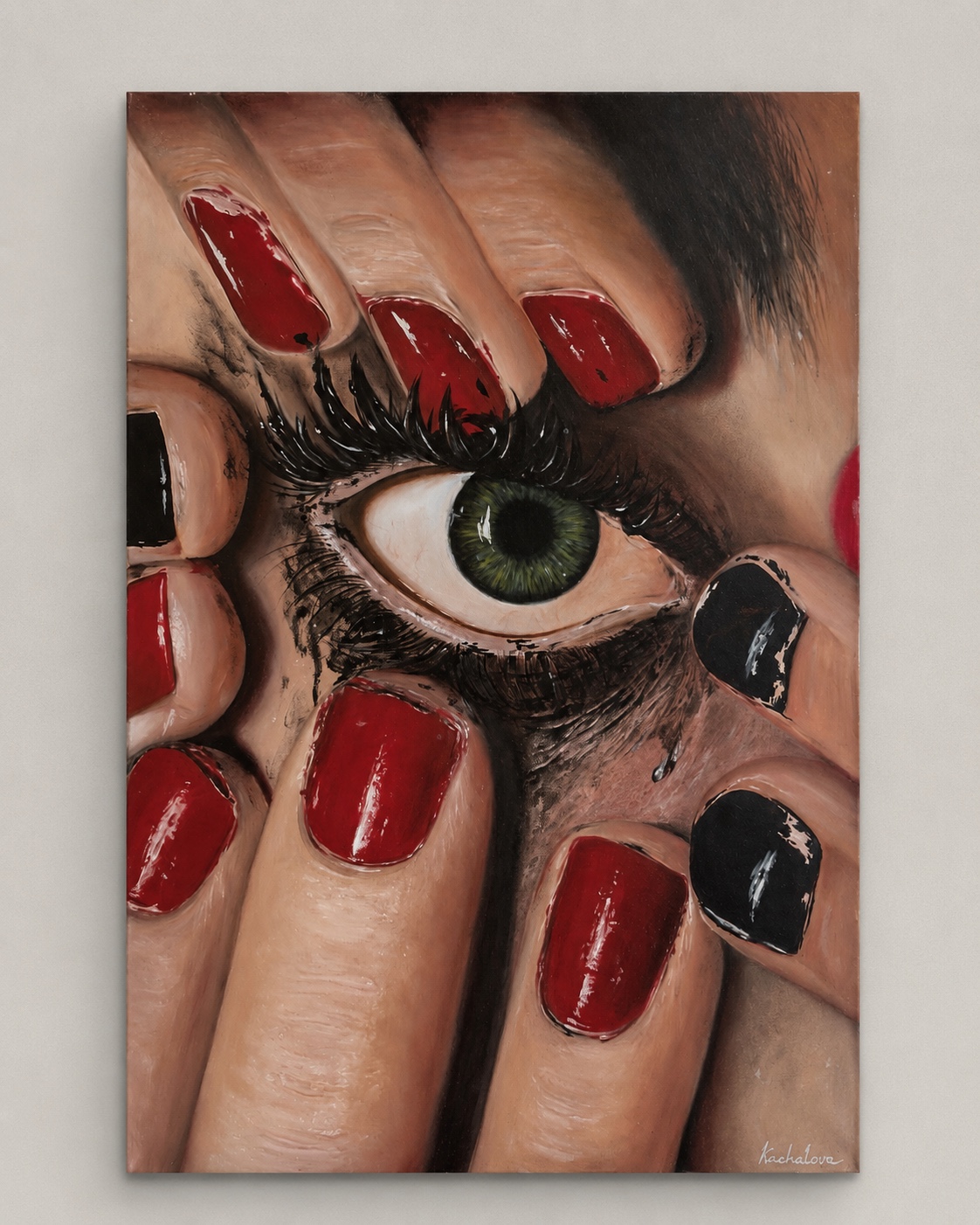 Painting of a green eye framed by hands with red and black nails