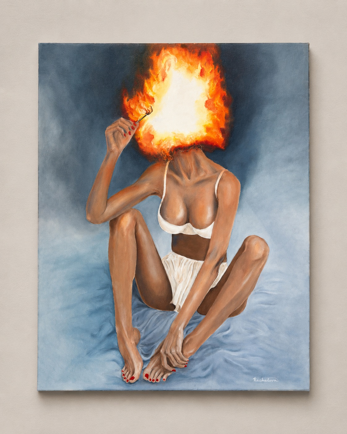 Painting of a seated woman whose head is engulfed in flames