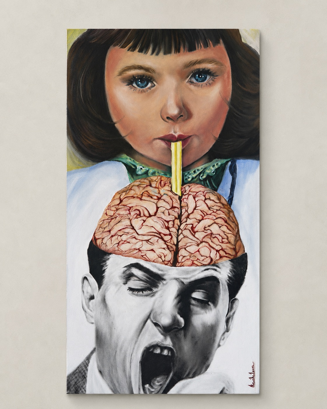 Surreal painting of a child drinking from an exposed brain