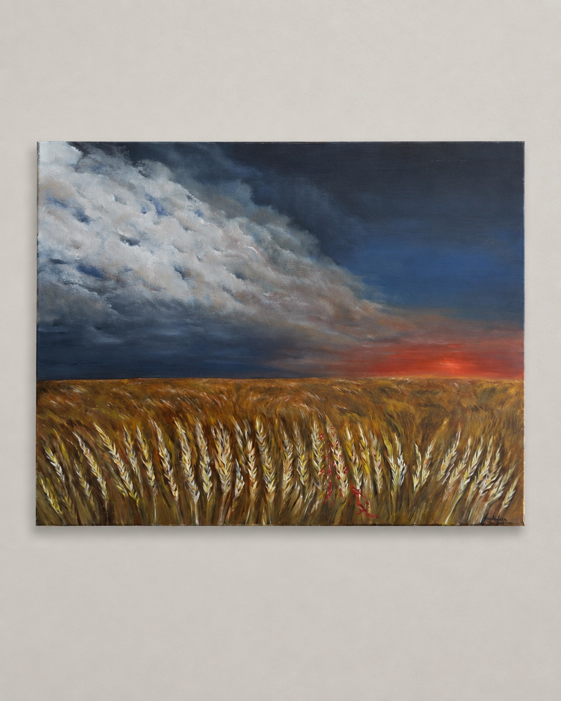 Painting of a wheat field beneath a dramatic sky at sunset