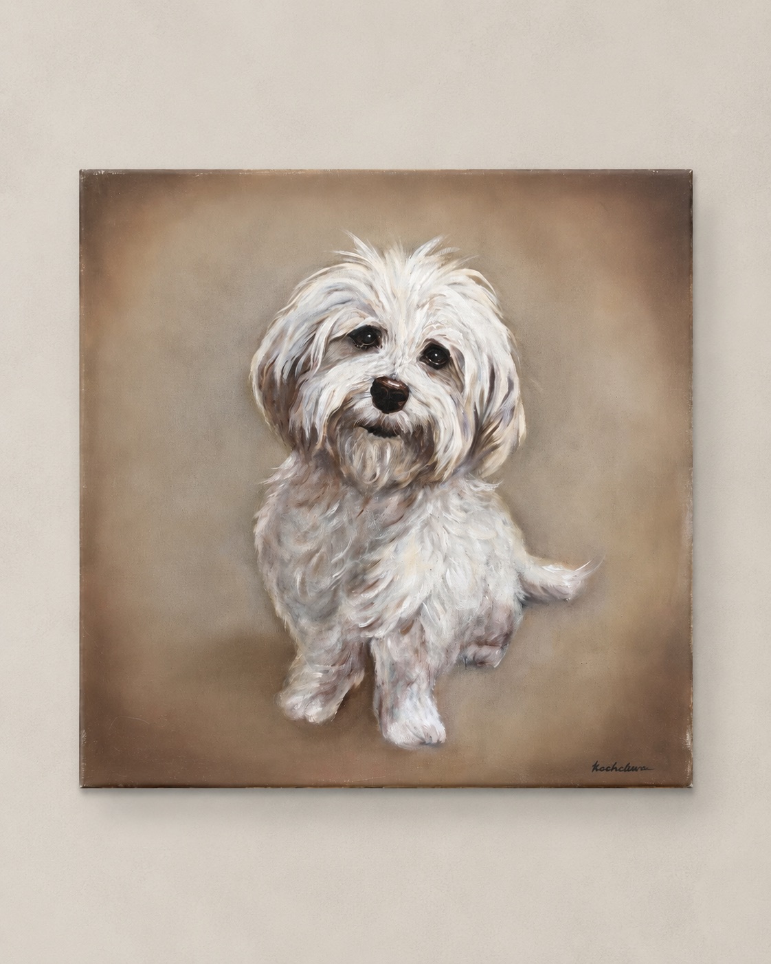 Portrait painting of a small white dog