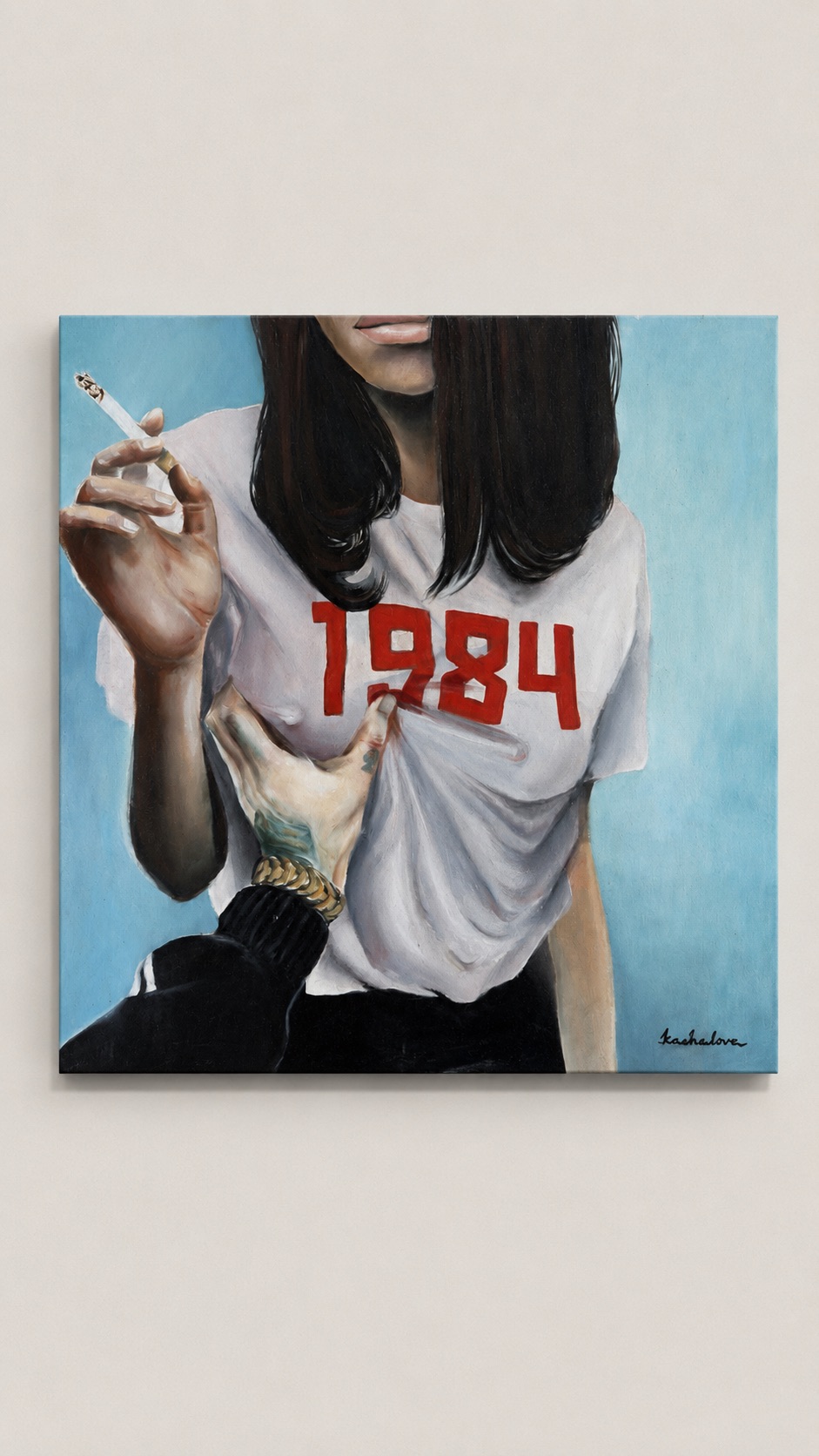 Painting of a smoking woman wearing a shirt marked 1984