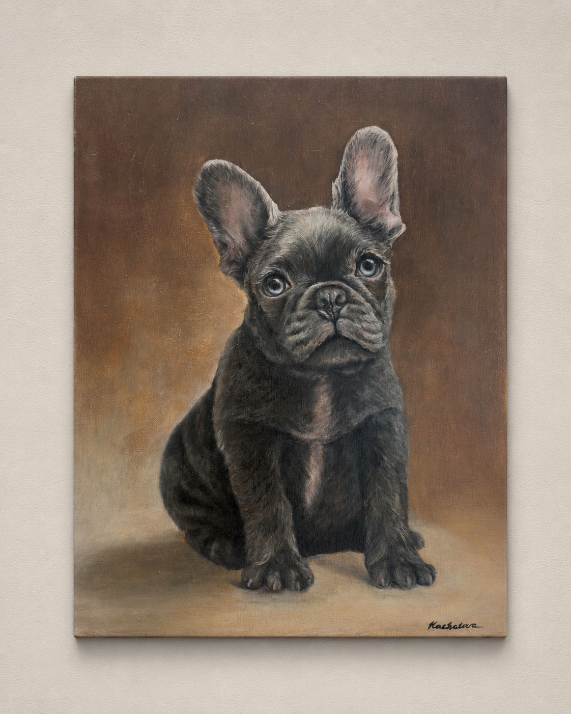 Portrait painting of a black French bulldog