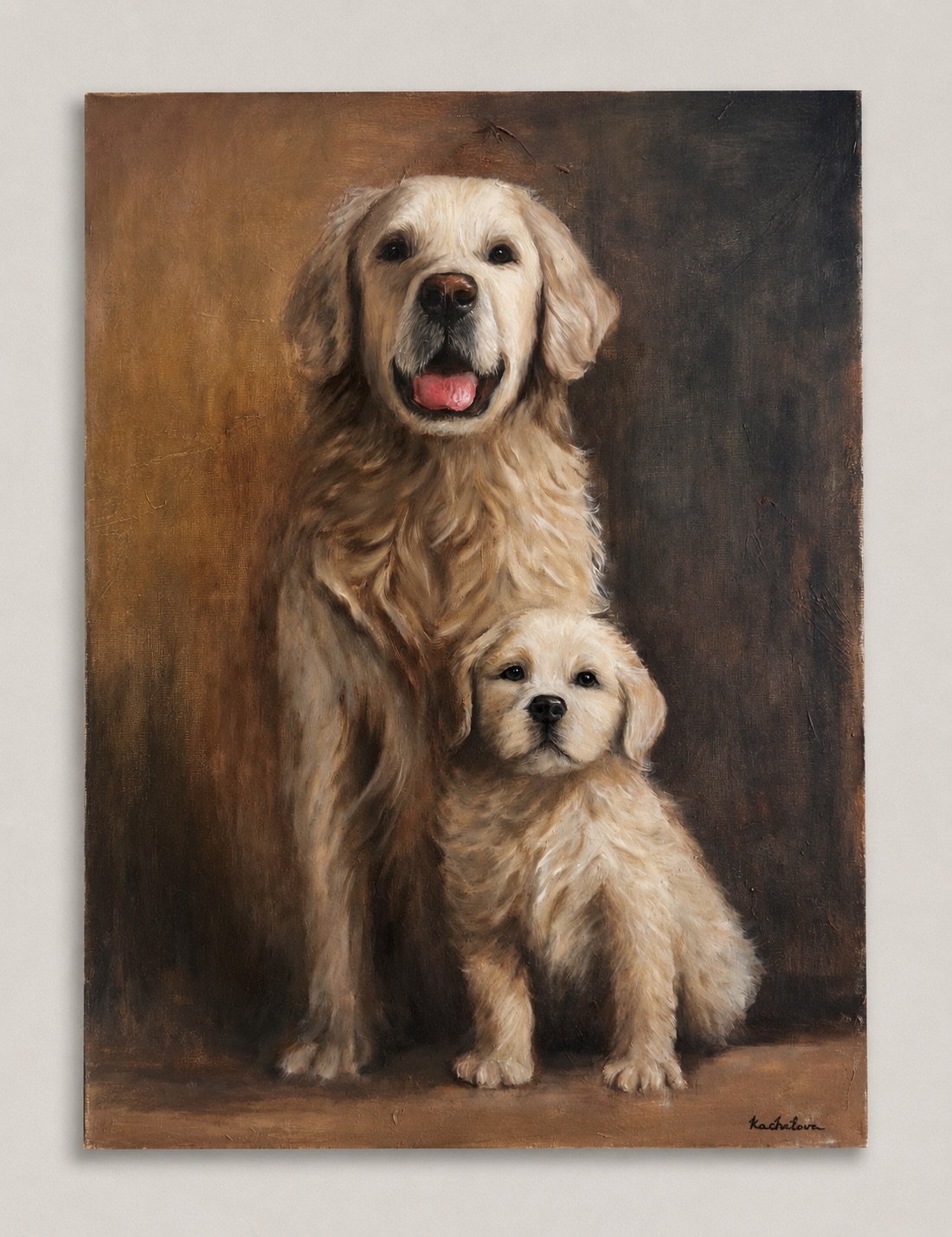 Portrait painting of an adult golden retriever with a puppy