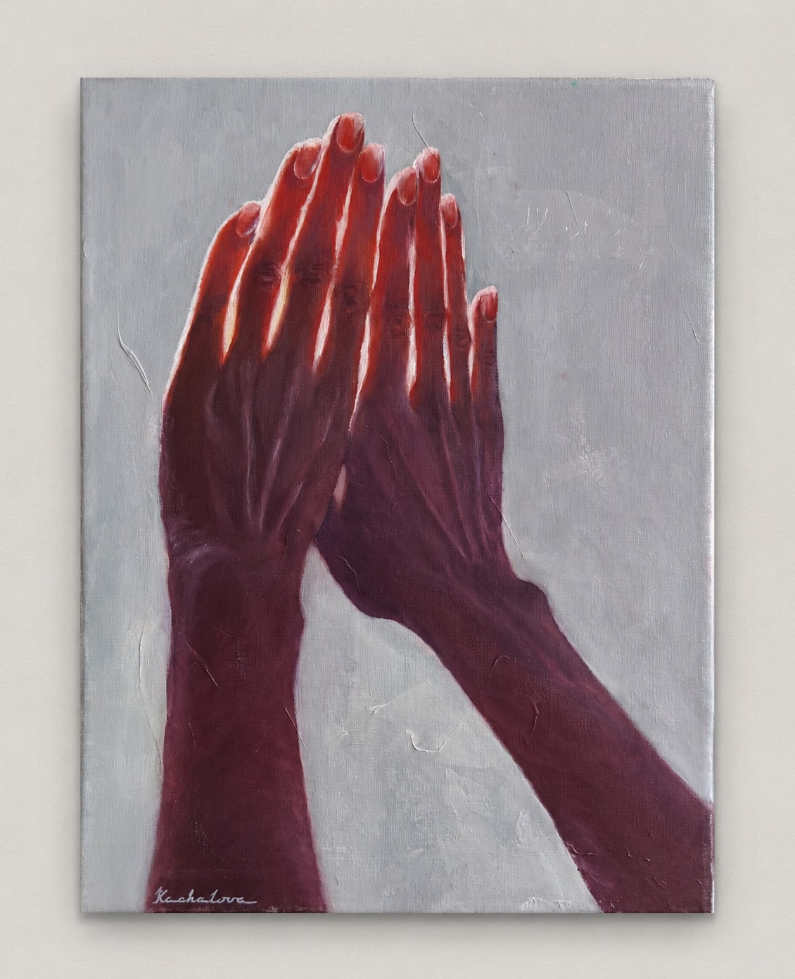 Painting of two translucent red hands meeting against a pale background