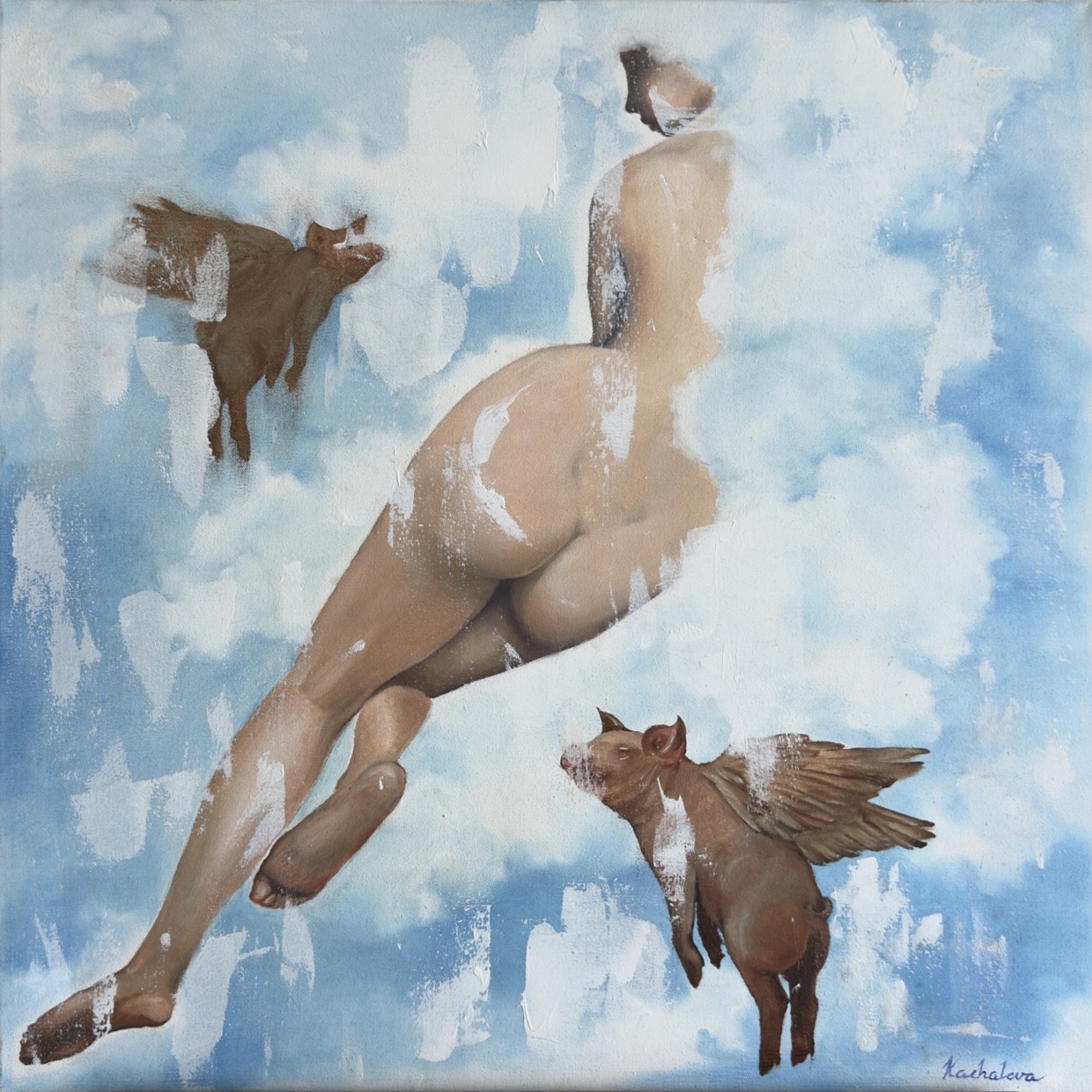 Painting of a fragmented nude figure with two winged pigs against a pale blue sky